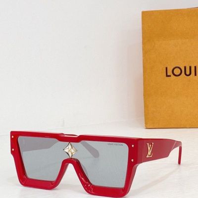  Louis Vuitton Gold LV Engraved Red Frame & Temples Monogram Flower Decorated Resin Lens Female Cyclone Sunglasses 