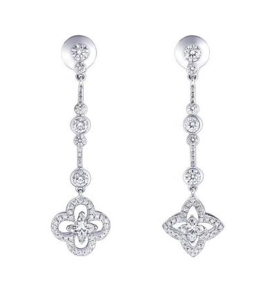  Louis Vuitton Women's Ardentes Silver Diamond Rounded Monogram Flower & Star Flower Asymmetric Earring Drop