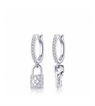  Louis Vuitton Female Lockit Silver Diamond Padlock & Key Pendant Asymmetric Low Price Earring Drop