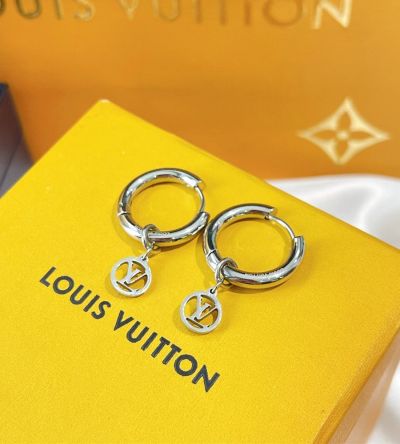 Louis Vuitton Vintage Women Silver Big Round Classic Circular LV Logo Pendant Good Review Earring Drop