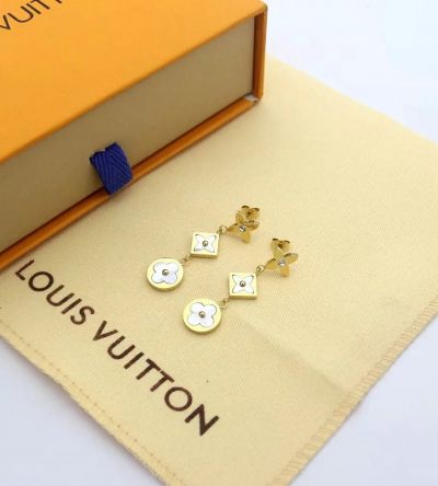  Louis Vuitton Lady B Blossom Square & Rounded Three Inlay White Monogram Flower Earring Drop Yellow Gold/Rose Gold/Silver 