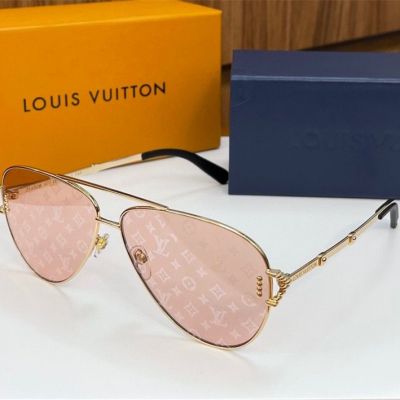  Louis Vuitton Monogram Flowers Embellished Pink Resin Lens Black Tip Gold Frame Aviator Sunglasses For Women