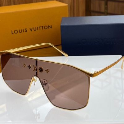  Louis Vuitton Metal Frame Monogram Flowers Engraved Brown Lens Brand Tag Tip Gold Mask Sunglasses For Adult