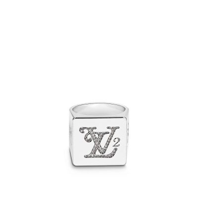 2022 New Louis Vuitton X Nigo Squared LV Initial Diamonds Logo Embossed Pattern Men White Gold Ring