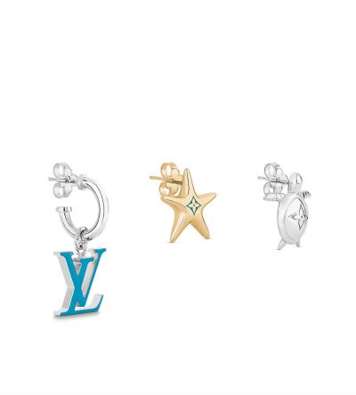  Louis Vuitton Aquatics Lady Yellow Gold Starfish & Blue LV Logo & Silver Sea Turtle Triad Ear Stud M00281