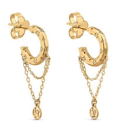  Louis Vuitton Nanogram Gold Engrave Little Monogram Flower Circle Chain Link Rounded LV Logo Female Ear Drop