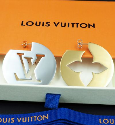 Copy Louis Vuitton Perfect Match Hollow Structure LV Letter & Monogram Flower Gold & Silver Two-sided Ladies Earring M00394