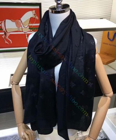Louis Vuitton Monogram Pattern LV Flower Logo Printing Black Silk & Cashmere Long Towel 2022 Fashion Scarf For Ladies
