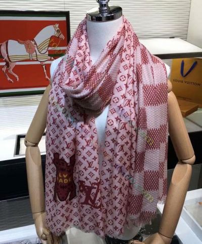 Counterfeit Louis Vuitton Pink Monogram Flower Joint Damier Deep Pink Lv Mark & Bear Printing Women's Neck Scarf 