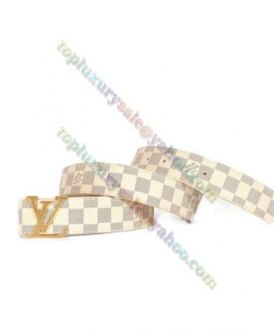 Men's Popular LV Initiales Damier Azur Canvas Strap Yellow Gold Logo Buckle Reversible Leather  Belt White UK