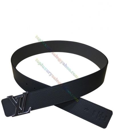 Louis Vuitton High Quality Silver Palladium & Black Steel LV Initiales Buckle Men Black Grainy Leather Reversible Belt 