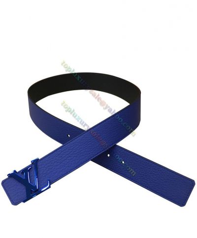 Men's Morden Style Louis Vuitton Shiny Blue Steel LV Initiales Buckle High End Navy Taurillon Leather  Reversible Belt