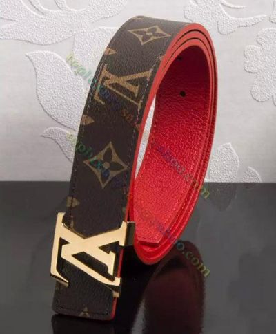 Timeless Design Louis Vuitton Initials Yellow Gold LV Buckle Female Red Leather Monogram Coated Brown Canvas Reversible Belt 30MM M0322U