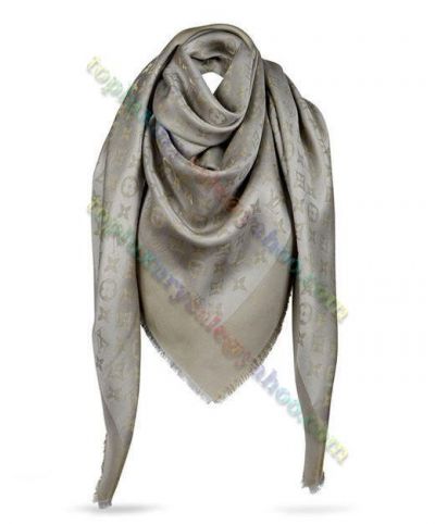Best Louis Vuitton Monogram Pattern Grey Silk & Cotton Women Winter Classic Shawl For Sale Online 
