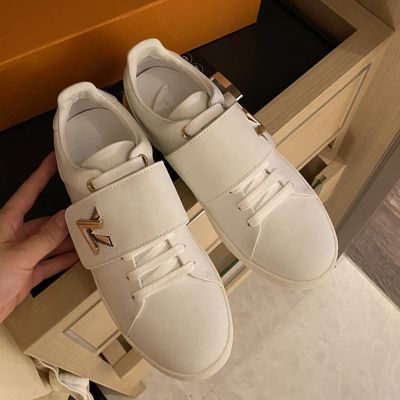 Women's High End  Louis Vuitton White Leather Gold-tone Double V Hardware Velcro Strap Frontrow Sneakers