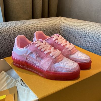Unisex  Louis Vuitton Trainer Mixed Materials Transparent Pink Rubber White Cotton Fabric Inside Monogram Outsole Sneakers