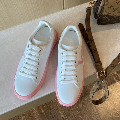 Girls' Monogram Flowers Pattern Thick Pink Sole White Leather Oversized LV Motif - Copy Louis Vuitton Time Out Sneaker Store