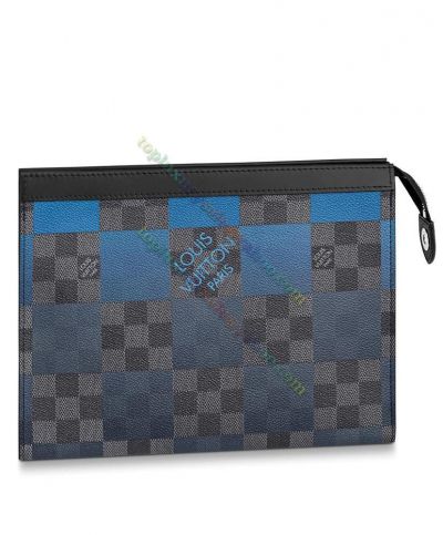  Louis Vuitton Pochette Voyage MM Damier Checked Pattern Blue Motif Zipper Closure Black Canvas Wallet Price List N60412