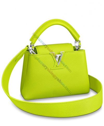 Louis Vuitton Capucines Mini LV Initials Detail Single Handle 2022 Spring Fluorescent Green Taurillon Leather Flap Tote Bag