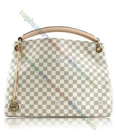  Louis Vuitton Artsy Damier Motif Pattern Golden Keybell Beige Leather Handle Classic Female White Canvas Hobo Bag