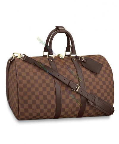 Louis Vuitton Keepall Bandouliere 45 Large Roomy Damier Pattern Belt Trimming Female Trave Bag Brown Canvas Shoulder Bag