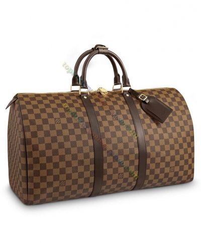 Louis Vuitton Keepall 50 Classic Damier Pattern High End Brown Canvas Women Leather Detail Tote Bag Price  