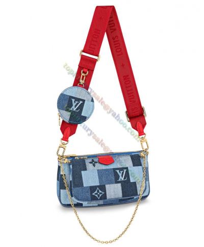 Hot Selling Louis Vuitton Multi Pochette Accessoires Damier Motif Red Shoulder Strap Golden Chain Strap Women Blue Denim Canvas Shoulder Bag