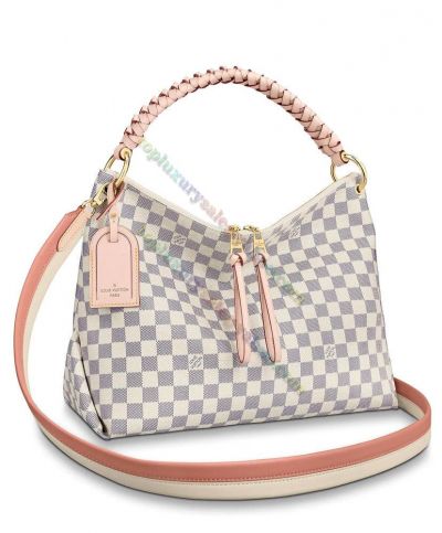  Louis Vuitton Beaubourg MM Damier Azur Ladies White Canvas Beige Leather Double Zipper Braided Handle Hot Selling Hobo Bag