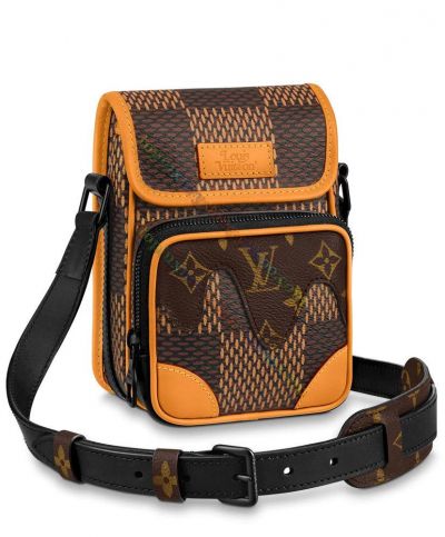 Louis Vuitton Nano Amazone Damier & Monogram Pattern Orange Leather Detail Front Zipper Pocket Women Brown Canvas Messenger Bag