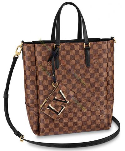 Louis Vuitton Damier Belmont MM Brown Canvas Classic Pattern Black Leather Detail Slim Strap Female Fashion Shoulder Bag N60294