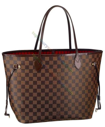  Louis Vuitton Neverfull Check Pattern Brown Canvas Leather Red Lining Hot Selling Female Tote Bag