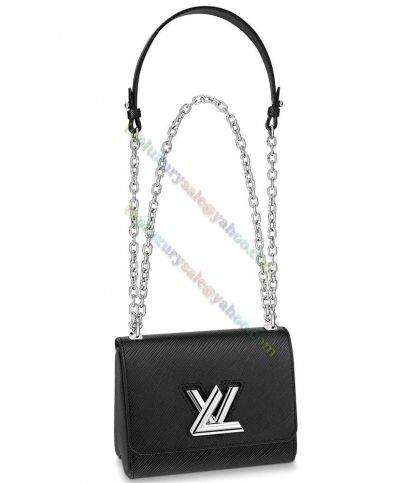  Louis Vuitton Twist PM M80836 Silver Chain Shoulder Strap LV Shaped Lock Ladies Black Epi Leather Fashion Trends Handbag