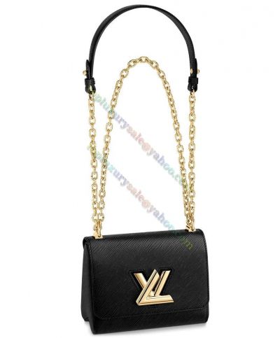 Clone Louis Vuitton Twist PM Black Epi Leather Golden Chain Strap LV Lock Women Most Iconic Flap Crossbody Bag M80835