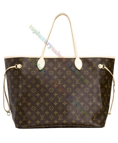  Louis Vuitton Neverfull Two White Flat Leather Shoulder Straps Sandy Beige Textile Lining Medium Brown Monogram Canvas Tote Bag