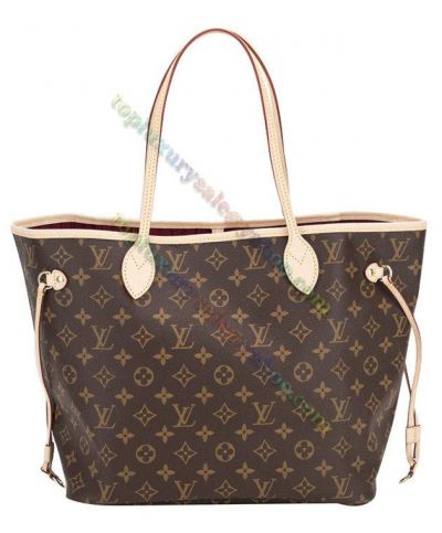 Louis Vuitton Neverfull Monogram Motif  Printing Beige Detail Female Brown Canvas Tote Bag Price Online Red Lining Handbag
