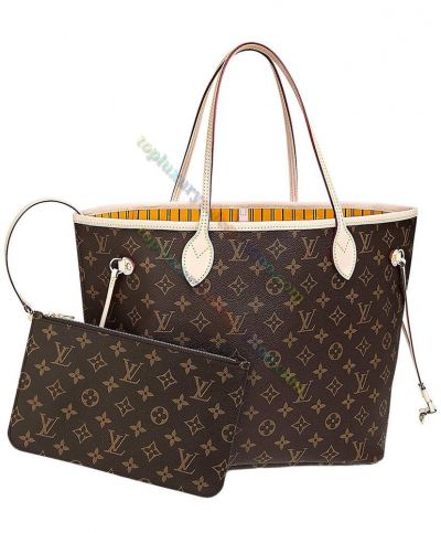  Louis Vuitton Neverfull Classic Monogram Brown Coated Canvas Yellow Striped Women Popular Tote Bag For Sale 
