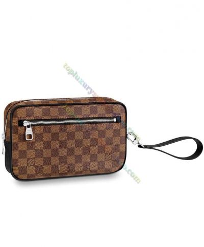  Louis Vuitton Kasai Damier MOtif Silver Zipper Pocket Male Brown Canvas Black Leather Patchwork Best Quality Clutch Bag 