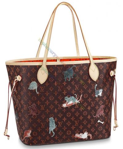  Louis Vuitton Monogram Neverfull MM Animal Motif Pattern Flower Printing Brown Canvas & Leather Unique Style Female Tote Bag