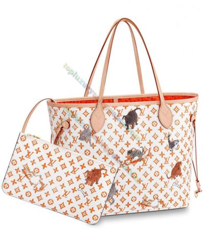  Louis Vuitton Monogram Neverfull MM White Canvas Beige Leather Animal Printing Sweet Style Female Tote Bag Online 