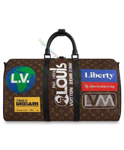 High Quality Louis Vuitton Keepall Bandouliere 50 Colorful Logo Signature Belt Detail Monogram Coated Brown Canvas Tote