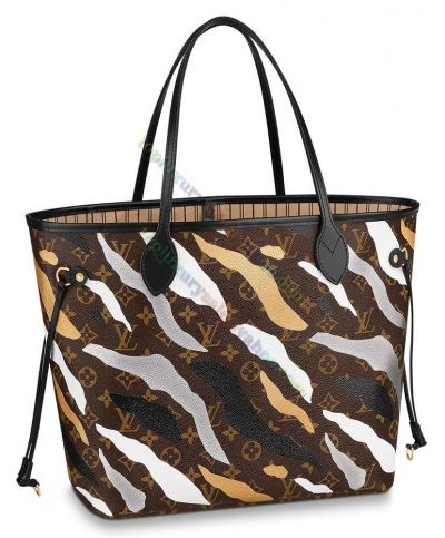  Louis Vuitton Lvxlol Neverfull MM Monogram Pattern Camouflage Printing Women Brown Canvas Black Leather Limited Edition Tote Bag 