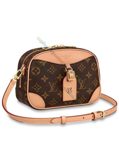 Louis Vuitton Deauville Mini M45528 Beige Leather Brown Canvas Luggage Tag Detail Female Zipper Monogram Classic Design Bag