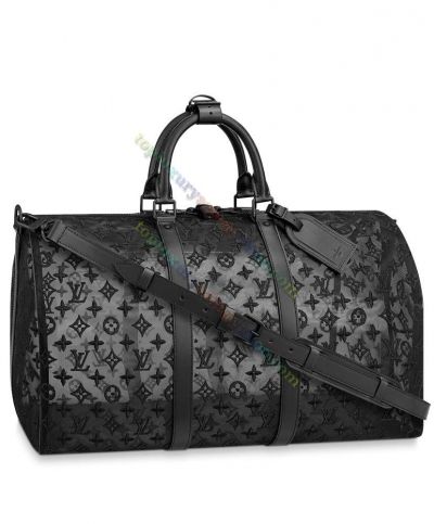 Celebrity Same Louis Vuitton Keeppall Bandouliere 50 Black See-through Mesh Monogram Embroidery Women Large Tote Bag