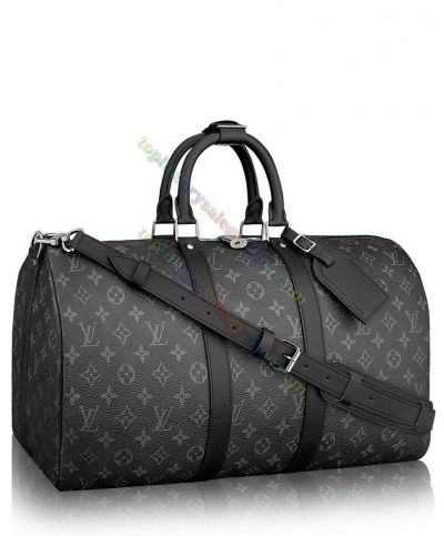 Louis Vuitton Keepall Bandouliere 55 Classic Black Canvas Grey Monogram Silver Padlock Large Shoulder Bag For Sale M40605