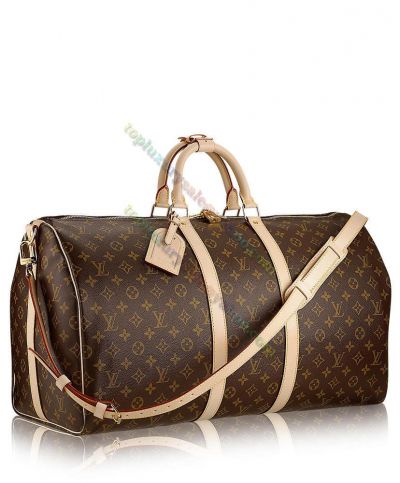 Louis Vuitton Monogram Keepall Bandouliere 60 Double Zipper Unisex Brown Canvas Beige Leather Belt  Handbag M41412