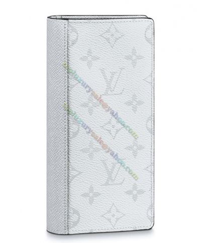  Louis Vuitton Brazza Monogram Pattern Men's Fashion White Canvas & Taiga Leather Bifold Long Wallet 