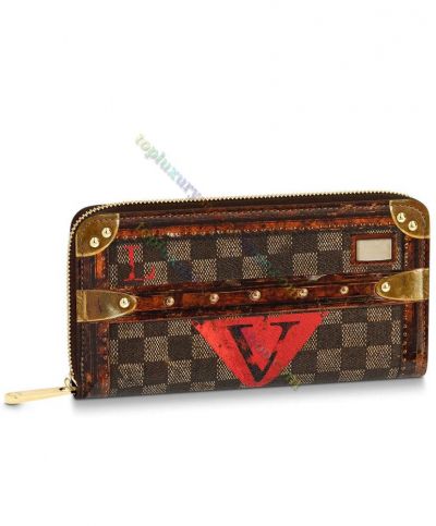 Louis Vuitton Damier Red Pattern Belt & Studs Detail LV Pattern  Timeless Style Brown Long Zippy Wallet For Ladies
