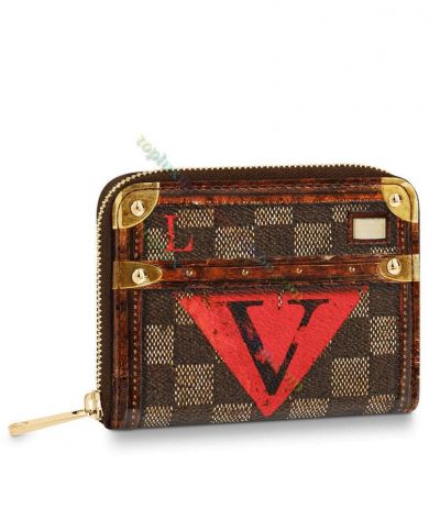 Louis Vuitton Damier Coated Brown Canvas Red LV Pattern Women Belt & Studs Motif  Short Zippy Wallet Coin Purse
