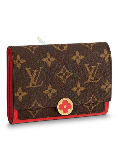 Clone Louis Vuitton Flore Monogram Coated Canvas Compact Flower-shaped Magnetic Closure Red Leather & Brown 2022 Best Lady Wallet M64587