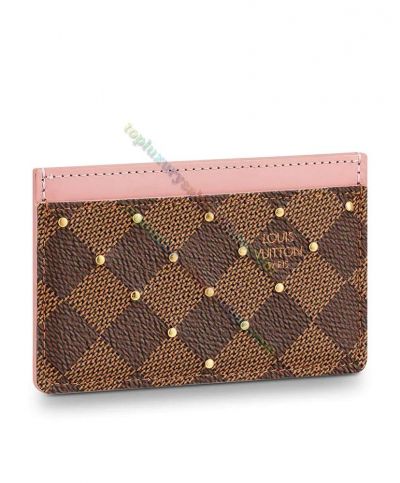 Louis Vuitton Damier Coated Brown Canvas Yellow Gold Studs Card Holder 2022 New Women Pink Leather Wallet